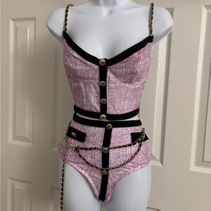 Dolls kill Forplay Pink Tweed Bustier & High-Waist Bottom Set with Gold Chain